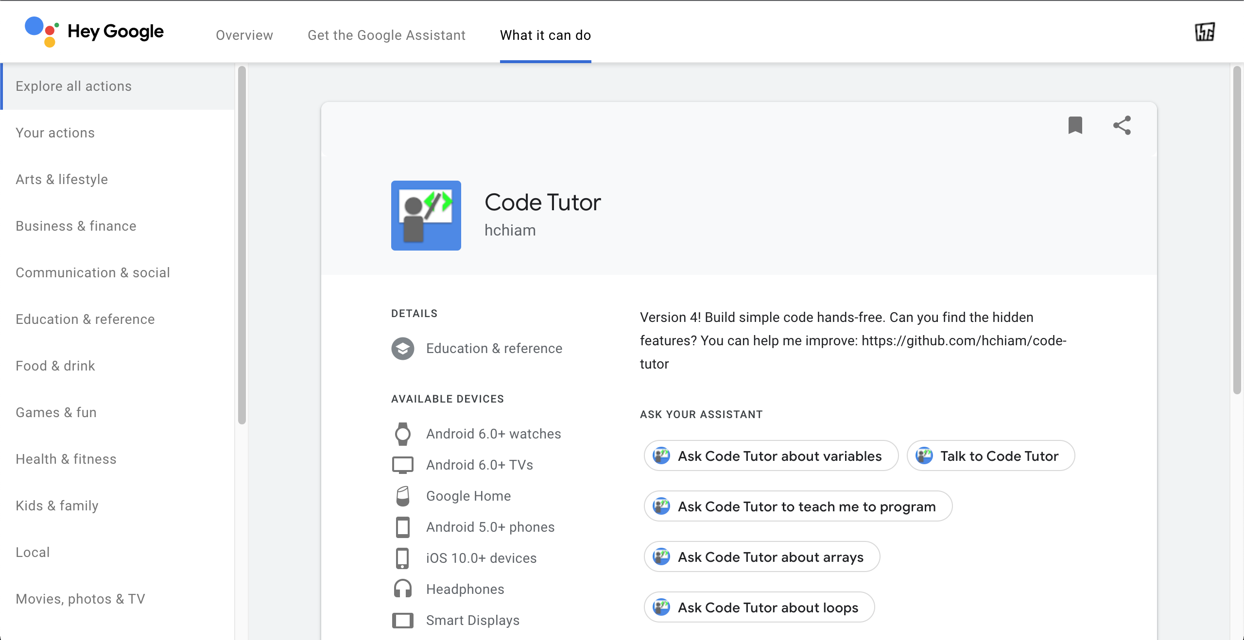 Code Tutor listed in Google Assistant web directory in 2022